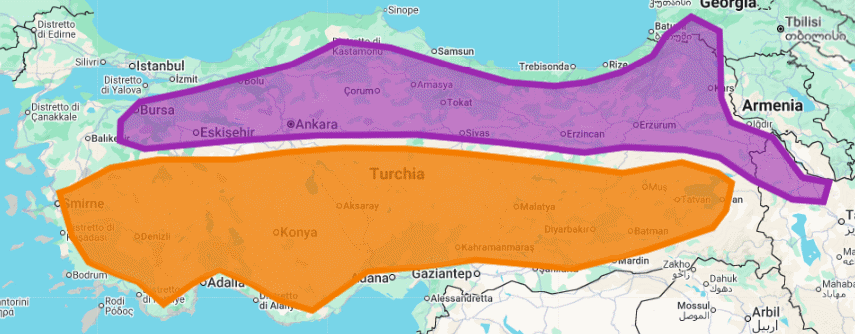 Geographical distribution map of Pseudochazara mniszechii and P. caucasica across Turkey, Transcaucasia, and NW Iran.