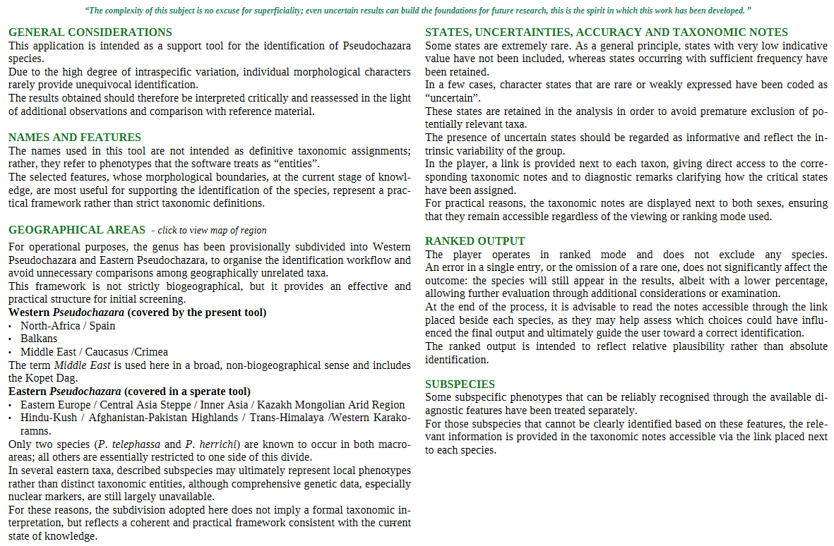 General considerations on Pseudochazara identification: taxonomic notes, morphological characters, and geographical areas covered including Kopet Dag and Karakoram